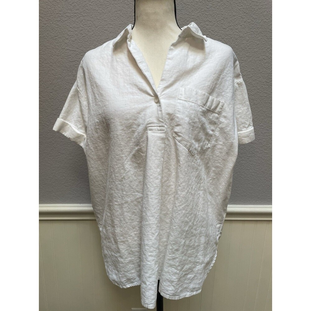 Madewell White Linen Blend Swenson Popover Shirt M Short Sleeve Cuffed EcoVero